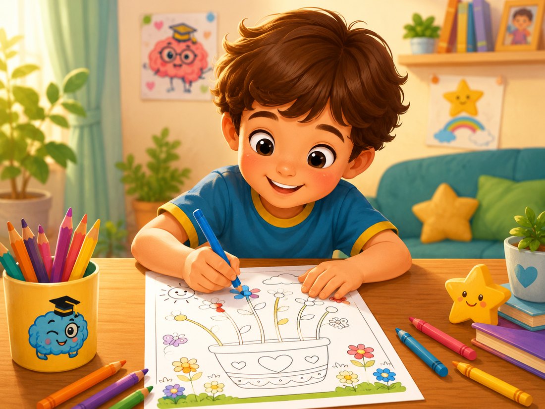 Criança feliz desenhando, longe da tela